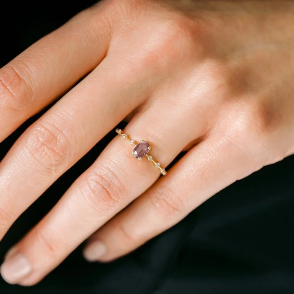 Sterling Silver Purple Oval Crystal Gold Ring - Picture 6 of 7